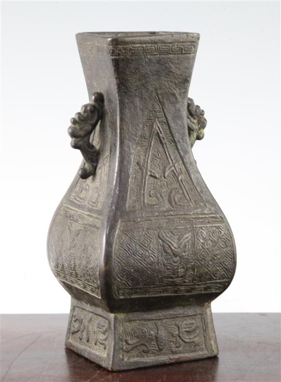 A Chinese square baluster two handled vase, Fanghu, probably Ming dynasty, 18.5cm